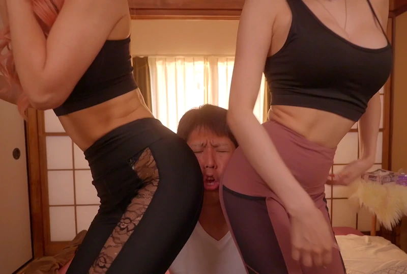 Haruhi Moka and AIKA squeezing a guy's face between their asses